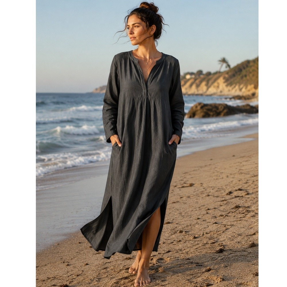 Ocean+Main Limited Edition Lagenlook Cotton Tunic Dress NWT #3/14 Charcoal M/L